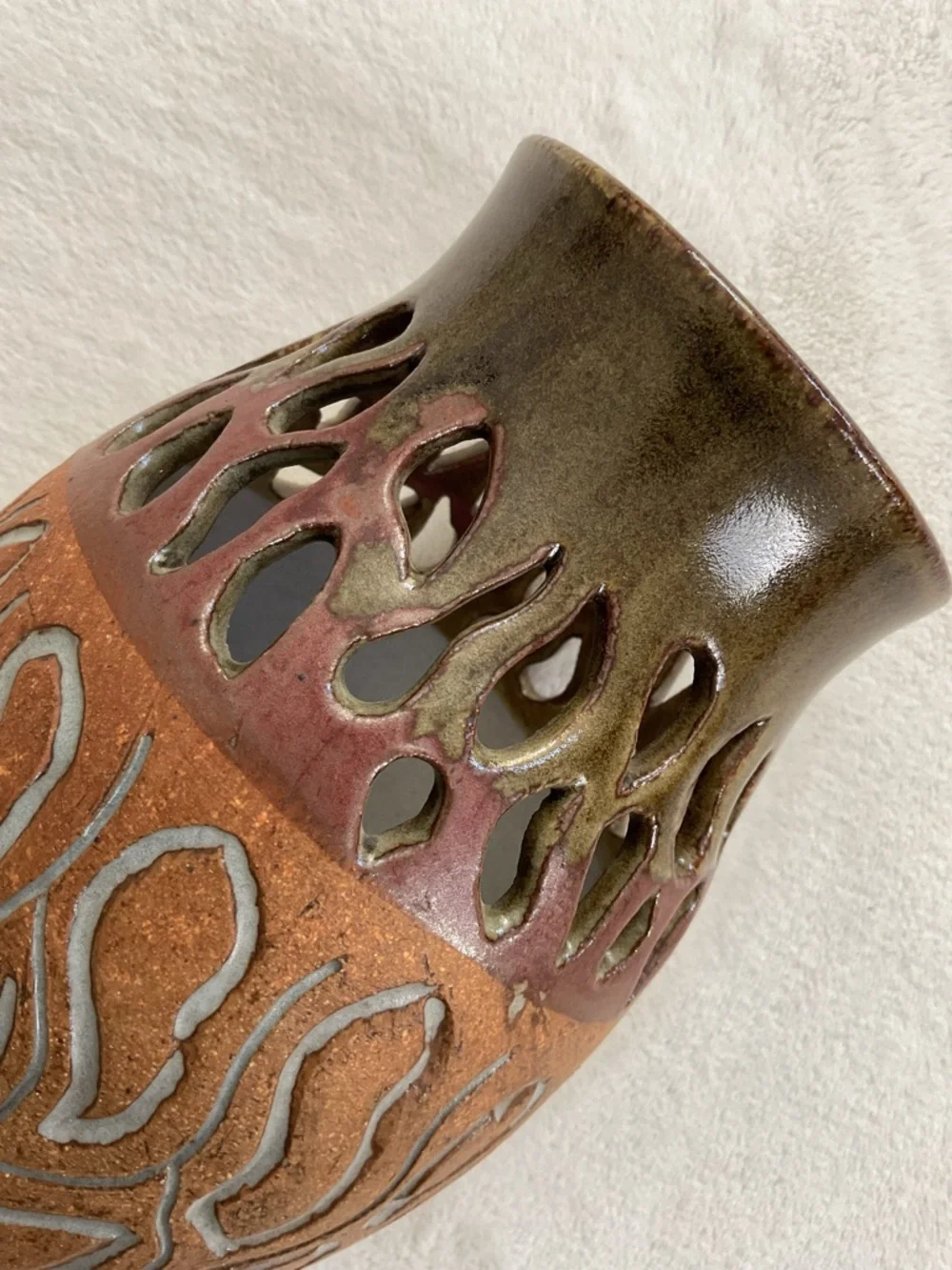 Vintage Signed Studio Pottery Pierced Art Vase Handmade Ceramic 8” Brutalist